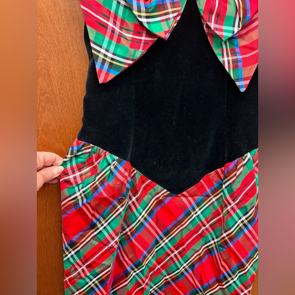 Vintage Leslie Lucks Holiday Tartan Plaid Bow Velvet Drop Waist Strapless Dress - Picture 5 of 14